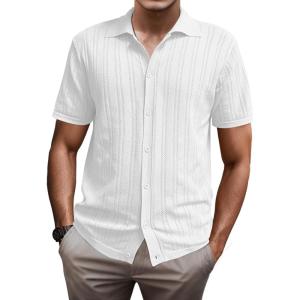 imageSuperPrity Mens Button Down Shirt Knit Shirts Short Sleeve Cuban Guayabera Cool Summer Beach ShirtsWhite