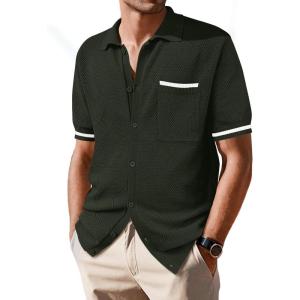 imageSuperPrity Mens Polo Shirt Vintage Knit Short Sleeve Shirts Button Down Beach Shirts Textured Golf Shirts with PocketArmy Green