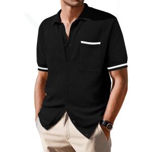 imageSuperPrity Mens Polo Shirt Vintage Knit Short Sleeve Shirts Button Down Beach Shirts Textured Golf Shirts with PocketBlack