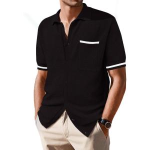 imageSuperPrity Mens Polo Shirt Vintage Knit Short Sleeve Shirts Button Down Beach Shirts Textured Golf Shirts with PocketDark Brown