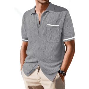 imageSuperPrity Mens Polo Shirt Vintage Knit Short Sleeve Shirts Button Down Beach Shirts Textured Golf Shirts with PocketGrey