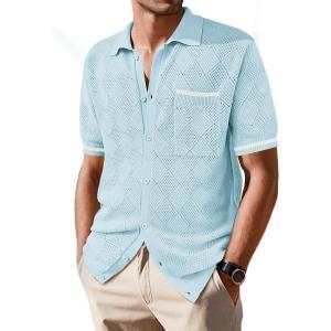 imageSuperPrity Mens Polo Shirt Vintage Knit Short Sleeve Shirts Button Down Beach Shirts Textured Golf Shirts with PocketLight Blue