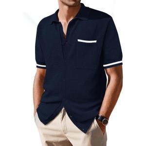 imageSuperPrity Mens Polo Shirt Vintage Knit Short Sleeve Shirts Button Down Beach Shirts Textured Golf Shirts with PocketNavy Blue