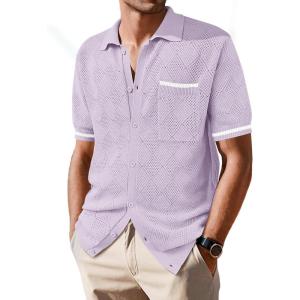 imageSuperPrity Mens Polo Shirt Vintage Knit Short Sleeve Shirts Button Down Beach Shirts Textured Golf Shirts with PocketPurple