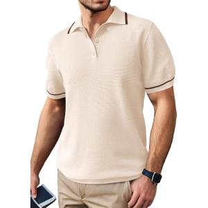 imageSuperPrity Mens Polo Shirts Short Sleeve Golf Shirts Crochet Button Down Collared T Shirt Classic Golf TeesApricot