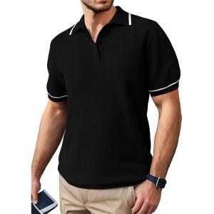 imageSuperPrity Mens Polo Shirts Short Sleeve Golf Shirts Crochet Button Down Collared T Shirt Classic Golf TeesBlack