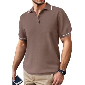 imageSuperPrity Mens Polo Shirts Short Sleeve Golf Shirts Crochet Button Down Collared T Shirt Classic Golf TeesDark Khaki