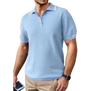 imageSuperPrity Mens Polo Shirts Short Sleeve Golf Shirts Crochet Button Down Collared T Shirt Classic Golf TeesLight Blue