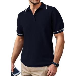 imageSuperPrity Mens Polo Shirts Short Sleeve Golf Shirts Crochet Button Down Collared T Shirt Classic Golf TeesNavy Blue
