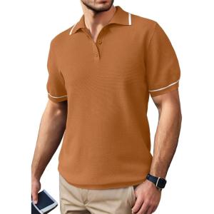 imageSuperPrity Mens Polo Shirts Short Sleeve Golf Shirts Crochet Button Down Collared T Shirt Classic Golf TeesOrange