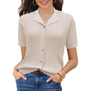 imageSuperPrity Womens Button Down Shirts Eyelet Knit Business Casual Tops Textured Collared Short Sleeve BlousesApricot