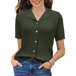 imageSuperPrity Womens Button Down Shirts Eyelet Knit Business Casual Tops Textured Collared Short Sleeve BlousesArmy Green