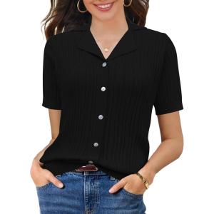 imageSuperPrity Womens Button Down Shirts Eyelet Knit Business Casual Tops Textured Collared Short Sleeve BlousesBlack