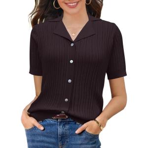 imageSuperPrity Womens Button Down Shirts Eyelet Knit Business Casual Tops Textured Collared Short Sleeve BlousesDark Brown