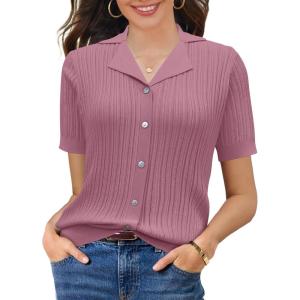 imageSuperPrity Womens Button Down Shirts Eyelet Knit Business Casual Tops Textured Collared Short Sleeve BlousesDark Pink