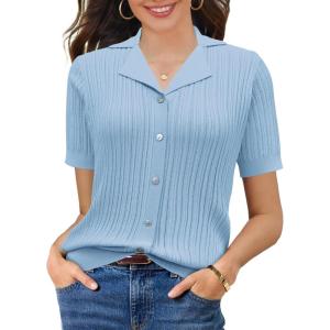 imageSuperPrity Womens Button Down Shirts Eyelet Knit Business Casual Tops Textured Collared Short Sleeve BlousesLight Blue