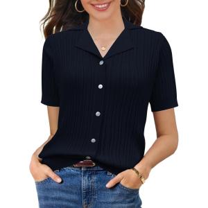 imageSuperPrity Womens Button Down Shirts Eyelet Knit Business Casual Tops Textured Collared Short Sleeve BlousesNavy Blue
