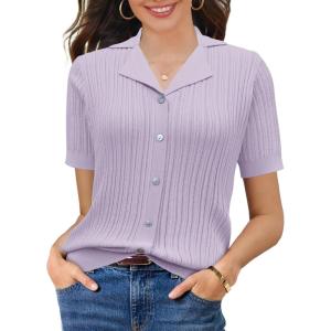 imageSuperPrity Womens Button Down Shirts Eyelet Knit Business Casual Tops Textured Collared Short Sleeve BlousesPurple
