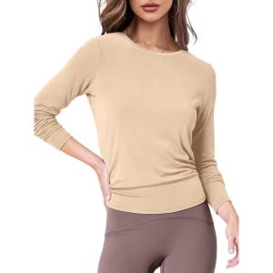imageSuperPrity Womens Long Sleeve TShirt Workout Tops Reversible Tie Front Tunic Yoga Gym Ladies Blouses ActivewearBeige