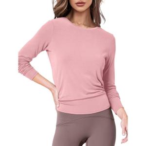 imageSuperPrity Womens Long Sleeve TShirt Workout Tops Reversible Tie Front Tunic Yoga Gym Ladies Blouses ActivewearPink