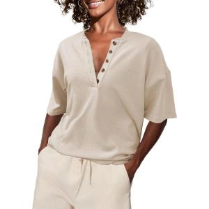 imageSuperPrity Womens Summer Tops Casual Button Down Short Sleeve Shirts Loose Fit Knit Ribbed BlousesApricot