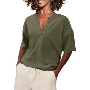 imageSuperPrity Womens Summer Tops Casual Button Down Short Sleeve Shirts Loose Fit Knit Ribbed BlousesArmy Green