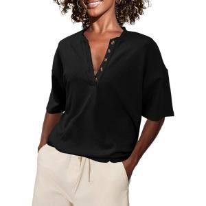 imageSuperPrity Womens Summer Tops Casual Button Down Short Sleeve Shirts Loose Fit Knit Ribbed BlousesBlack