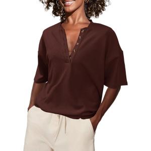 imageSuperPrity Womens Summer Tops Casual Button Down Short Sleeve Shirts Loose Fit Knit Ribbed BlousesCoffee