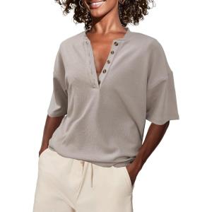 imageSuperPrity Womens Summer Tops Casual Button Down Short Sleeve Shirts Loose Fit Knit Ribbed BlousesKhaki