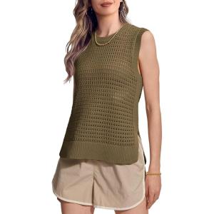 imageSuperPrity Womens Sweater Vest Sleeveless Crochet Sheer Knit Sweater Tank Casual See Through Crewneck SweaterArmy Green