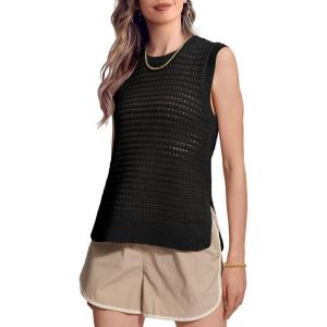 imageSuperPrity Womens Sweater Vest Sleeveless Crochet Sheer Knit Sweater Tank Casual See Through Crewneck SweaterBlack