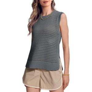 imageSuperPrity Womens Sweater Vest Sleeveless Crochet Sheer Knit Sweater Tank Casual See Through Crewneck SweaterGrey