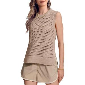 imageSuperPrity Womens Sweater Vest Sleeveless Crochet Sheer Knit Sweater Tank Casual See Through Crewneck SweaterKhaki