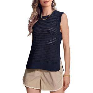 imageSuperPrity Womens Sweater Vest Sleeveless Crochet Sheer Knit Sweater Tank Casual See Through Crewneck SweaterNavy Blue