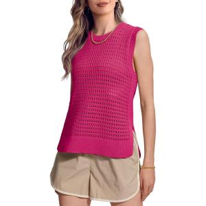 imageSuperPrity Womens Sweater Vest Sleeveless Crochet Sheer Knit Sweater Tank Casual See Through Crewneck SweaterNeon Pink