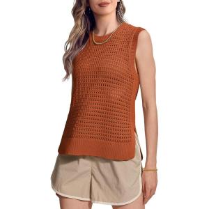 imageSuperPrity Womens Sweater Vest Sleeveless Crochet Sheer Knit Sweater Tank Casual See Through Crewneck SweaterRust Red