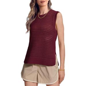 imageSuperPrity Womens Sweater Vest Sleeveless Crochet Sheer Knit Sweater Tank Casual See Through Crewneck SweaterWine Red