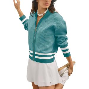 imageSuperPrity Womens Cardigan Sweaters Long Sleeve Zip Up Lightweight Knit Jacket Casual Baseball Coat 2024 Trendy Fall ClothesTeal