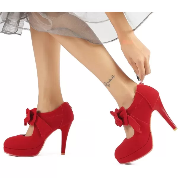 Mostrin Fashion Vintage Womens Small Bowtie Platform Pumps Ladies Sexy High Heeled ShoesRed4