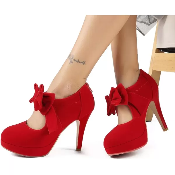 Mostrin Fashion Vintage Womens Small Bowtie Platform Pumps Ladies Sexy High Heeled ShoesRed4