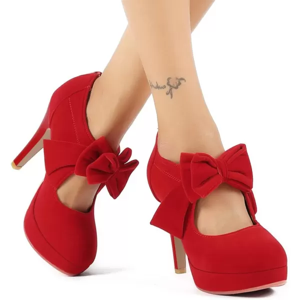Mostrin Fashion Vintage Womens Small Bowtie Platform Pumps Ladies Sexy High Heeled ShoesRed4