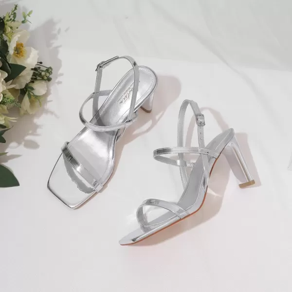 Mostrin Heels for Women Strappy Sandals Square Open Toe High Heel Sandals Ankle Strap Stiletto Heels for Party WeddingSilver02