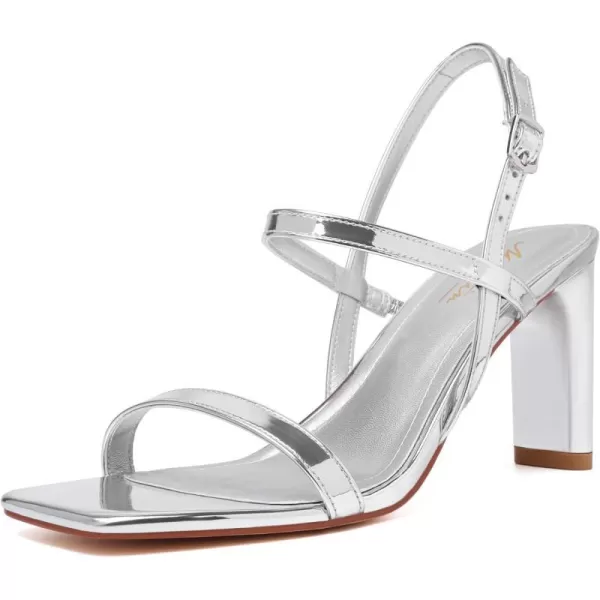 Mostrin Heels for Women Strappy Sandals Square Open Toe High Heel Sandals Ankle Strap Stiletto Heels for Party WeddingSilver02