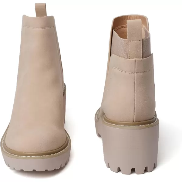 Mostrin Chelsea Boots for Women Platform Ankle Boots Chunky Lug Sole Boots Slip on Elastic Fall Boots Wedges Block BootiesBeige