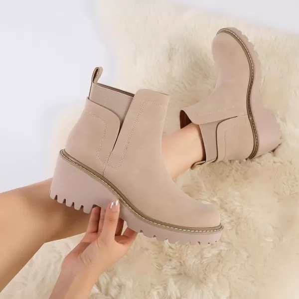 Mostrin Chelsea Boots for Women Platform Ankle Boots Chunky Lug Sole Boots Slip on Elastic Fall Boots Wedges Block BootiesBeige