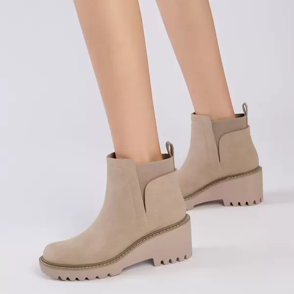 Mostrin Chelsea Boots for Women Platform Ankle Boots Chunky Lug Sole Boots Slip on Elastic Fall Boots Wedges Block BootiesBeige