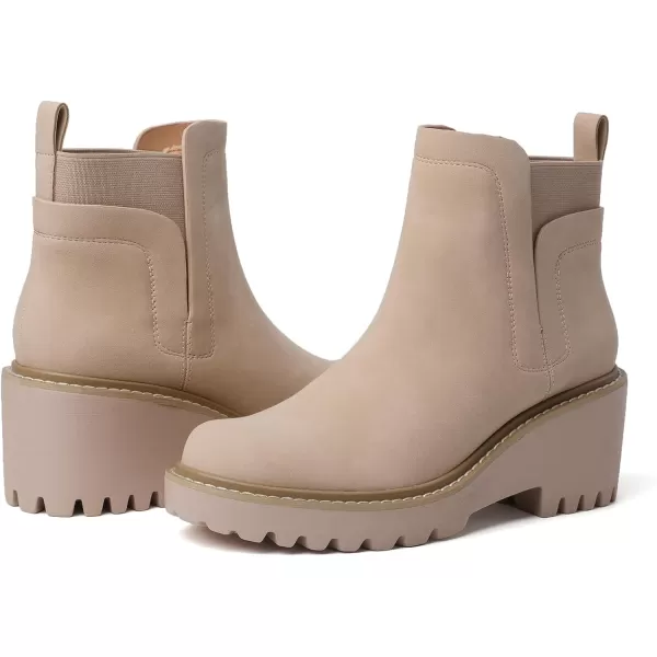 Mostrin Chelsea Boots for Women Platform Ankle Boots Chunky Lug Sole Boots Slip on Elastic Fall Boots Wedges Block BootiesBeige