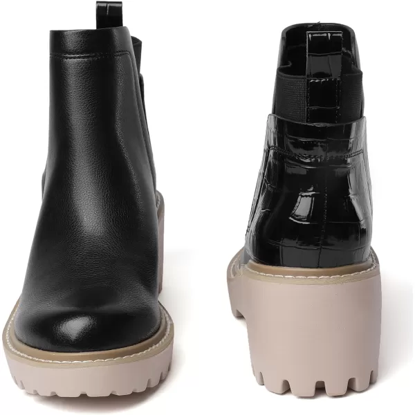 Mostrin Chelsea Boots for Women Platform Ankle Boots Chunky Lug Sole Boots Slip on Elastic Fall Boots Wedges Block BootiesBlack
