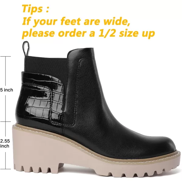 Mostrin Chelsea Boots for Women Platform Ankle Boots Chunky Lug Sole Boots Slip on Elastic Fall Boots Wedges Block BootiesBlack