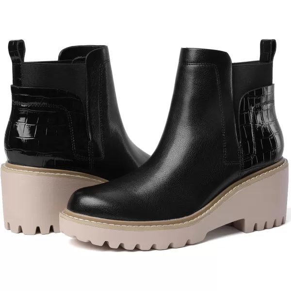 Mostrin Chelsea Boots for Women Platform Ankle Boots Chunky Lug Sole Boots Slip on Elastic Fall Boots Wedges Block BootiesBlack
